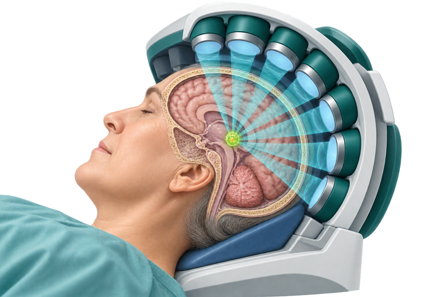 Esquema de ultrasonido focalizado con haces convergiendo en un objetivo cerebral sin implantes
